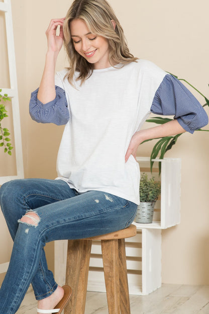 Woven Stripe Contrast Balloon Top