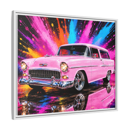 Pink Classic Station Wagon Canvas Print — Retro Car Wall Art, Framed Matte Multi‑Color Splash