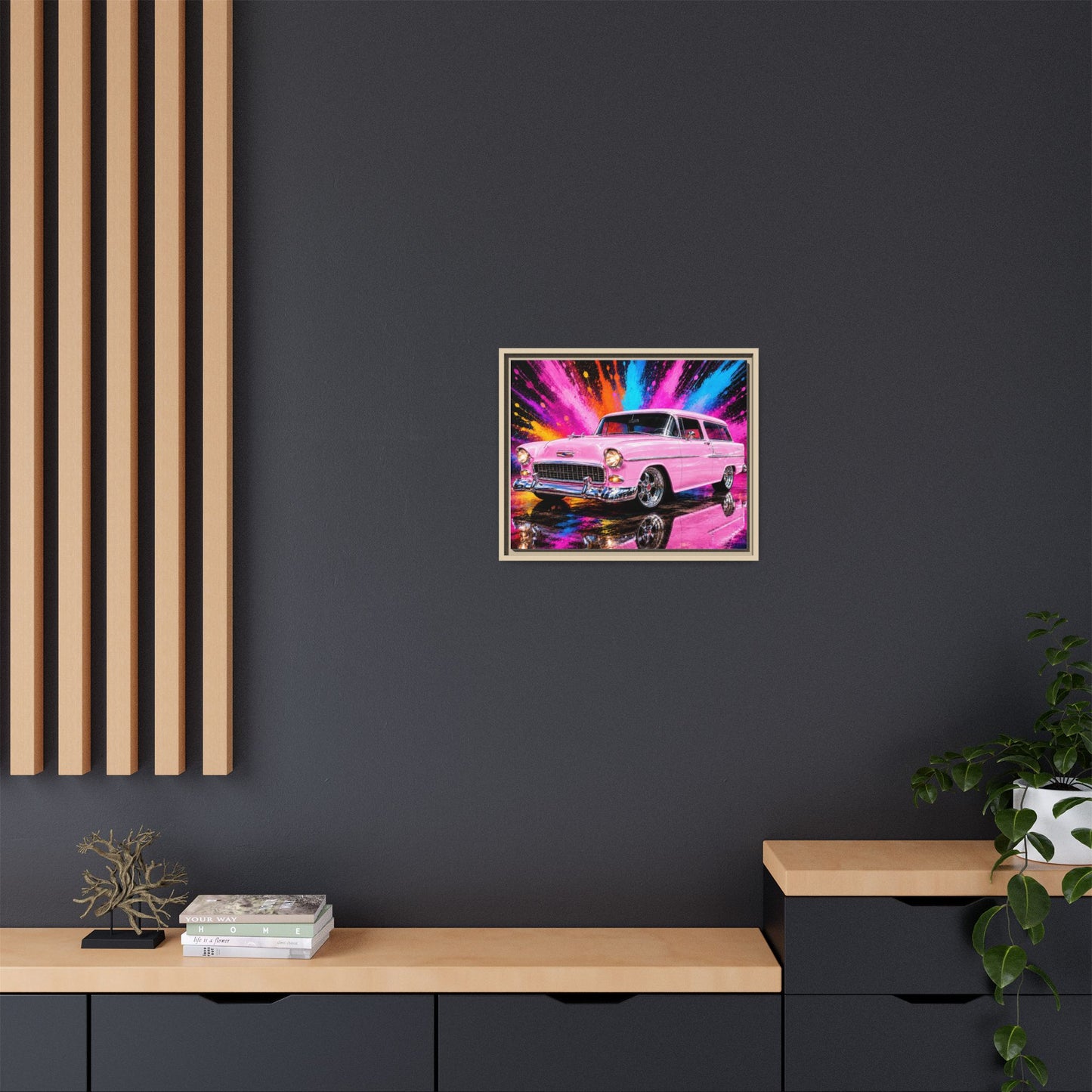 Pink Classic Station Wagon Canvas Print — Retro Car Wall Art, Framed Matte Multi‑Color Splash