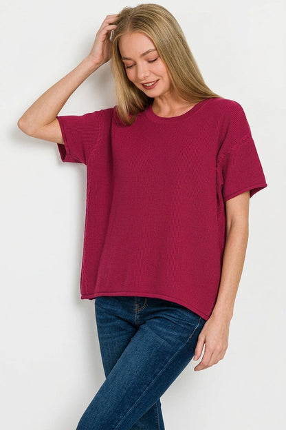 Zenana Viscose Round-neck Short Sleeve Sweater