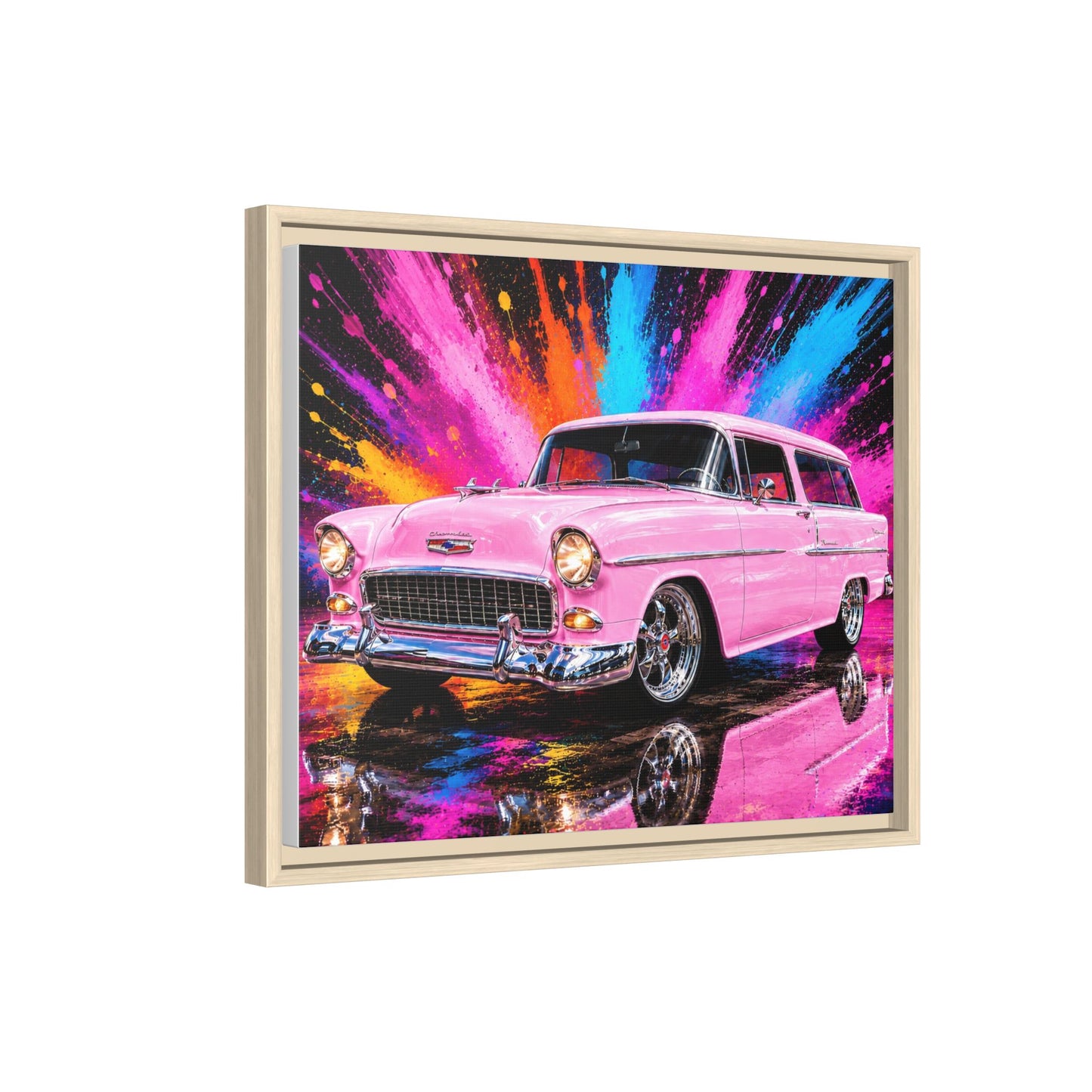 Pink Classic Station Wagon Canvas Print — Retro Car Wall Art, Framed Matte Multi‑Color Splash