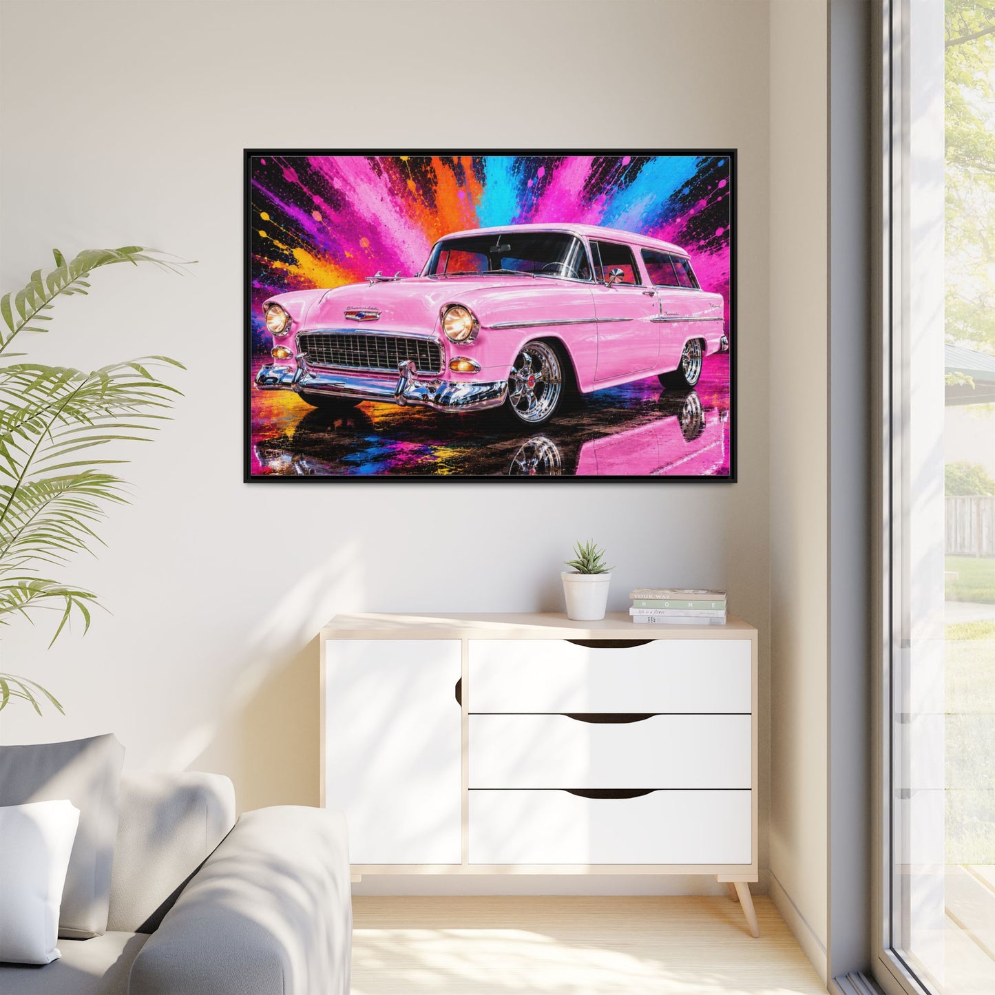 Pink Classic Station Wagon Canvas Print — Retro Car Wall Art, Framed Matte Multi‑Color Splash