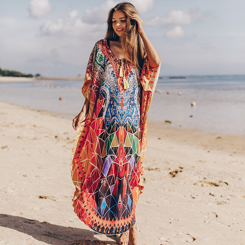 Quick Drying Silky Marbling Robe Vacation Loose Beach Maxi Dress Bikini Swimsuit Blouse