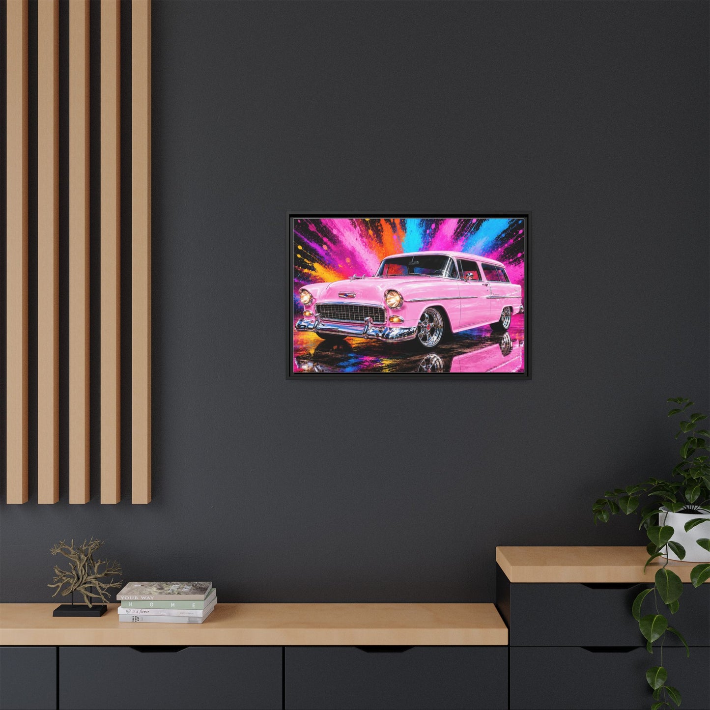 Pink Classic Station Wagon Canvas Print — Retro Car Wall Art, Framed Matte Multi‑Color Splash