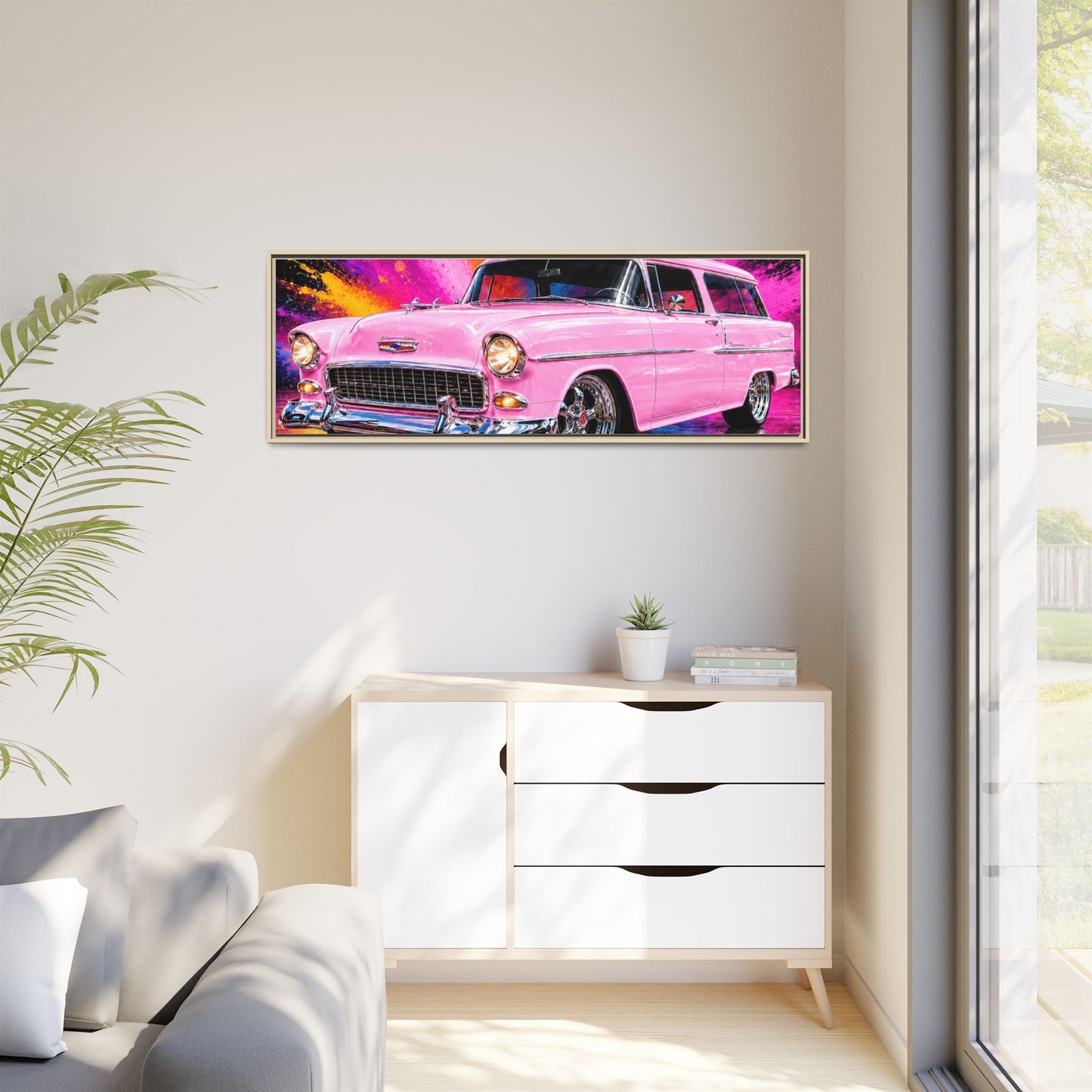 Pink Classic Station Wagon Canvas Print — Retro Car Wall Art, Framed Matte Multi‑Color Splash