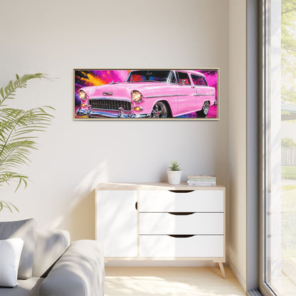 Pink Classic Station Wagon Canvas Print — Retro Car Wall Art, Framed Matte Multi‑Color Splash