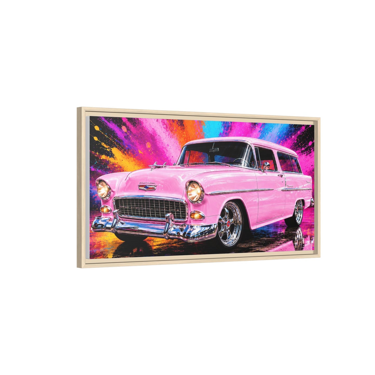 Pink Classic Station Wagon Canvas Print — Retro Car Wall Art, Framed Matte Multi‑Color Splash