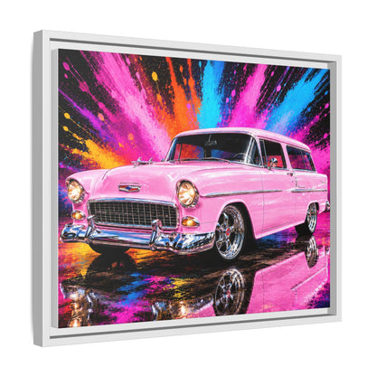 Pink Classic Station Wagon Canvas Print — Retro Car Wall Art, Framed Matte Multi‑Color Splash