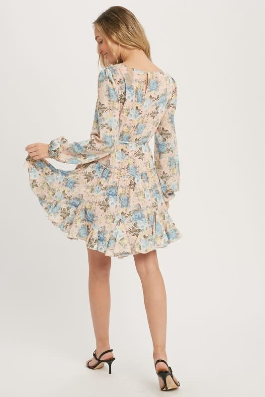 Floral Print Ruffled Swing Dress - Dusty Pink