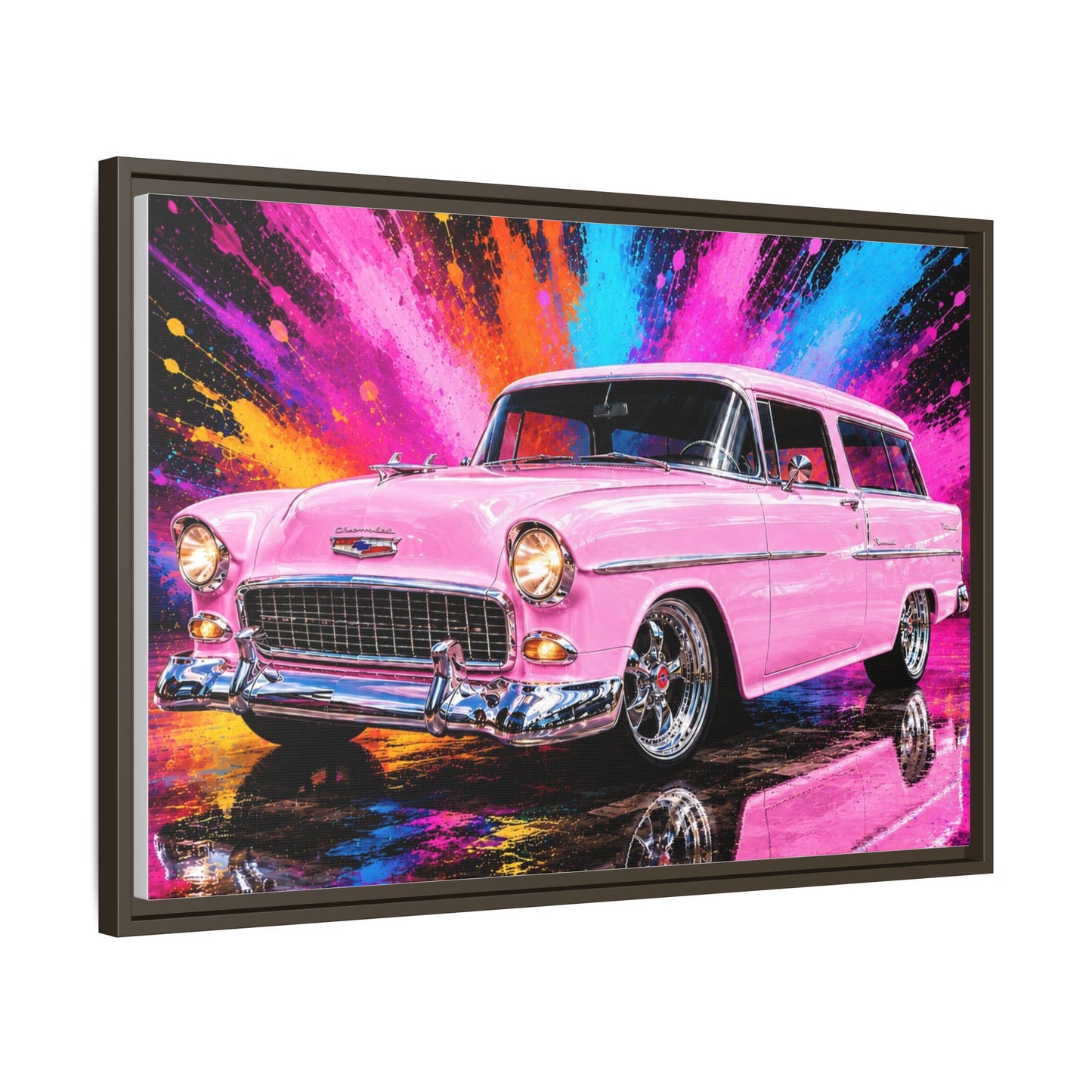 Pink Classic Station Wagon Canvas Print — Retro Car Wall Art, Framed Matte Multi‑Color Splash