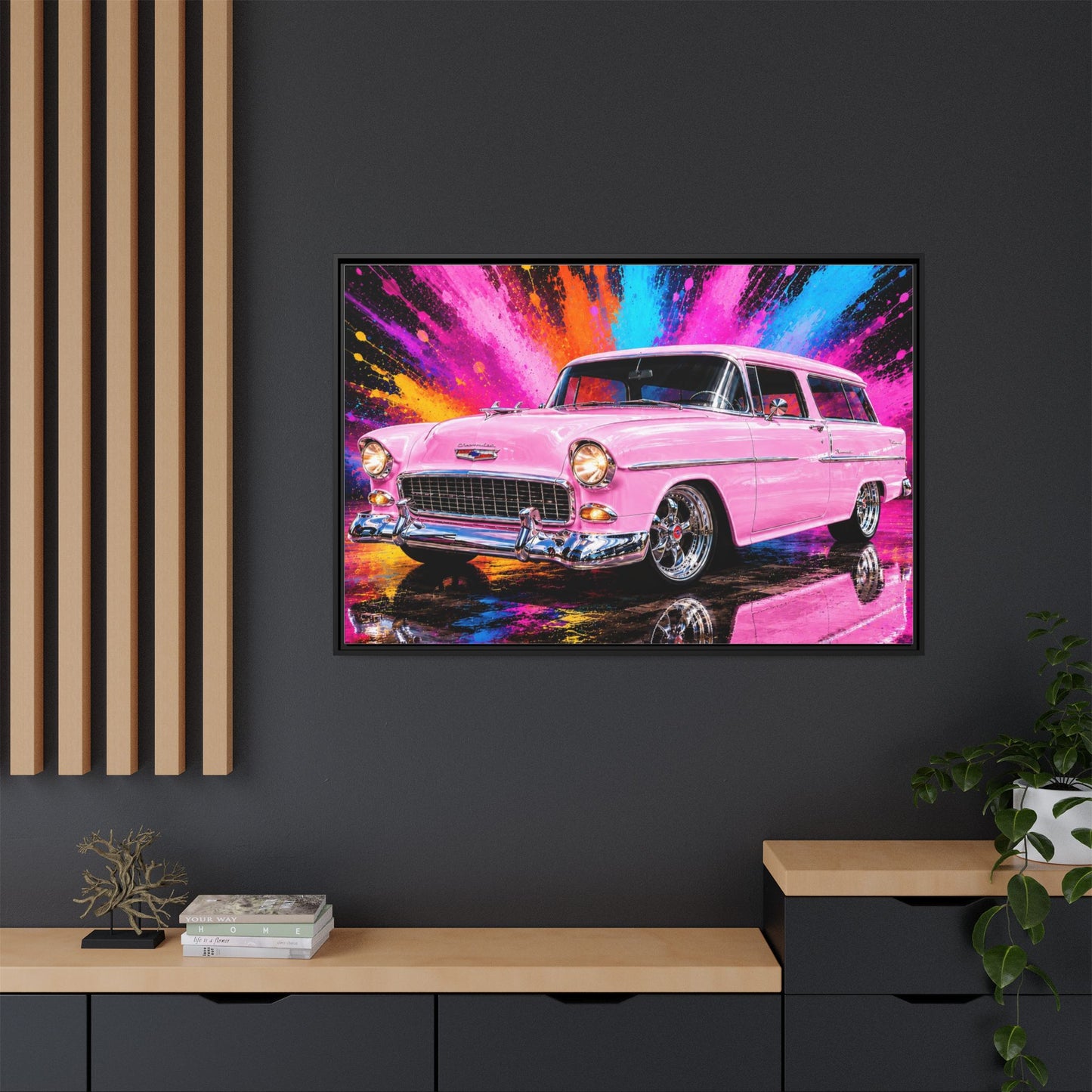 Pink Classic Station Wagon Canvas Print — Retro Car Wall Art, Framed Matte Multi‑Color Splash