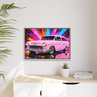 Pink Classic Station Wagon Canvas Print — Retro Car Wall Art, Framed Matte Multi‑Color Splash