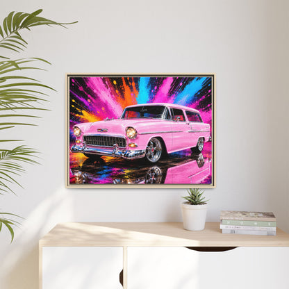 Pink Classic Station Wagon Canvas Print — Retro Car Wall Art, Framed Matte Multi‑Color Splash