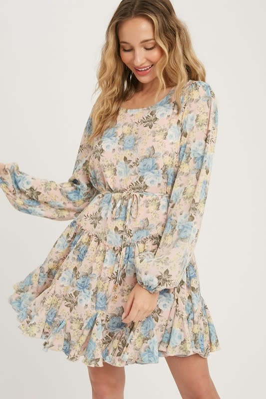 Floral Print Ruffled Swing Dress - Dusty Pink
