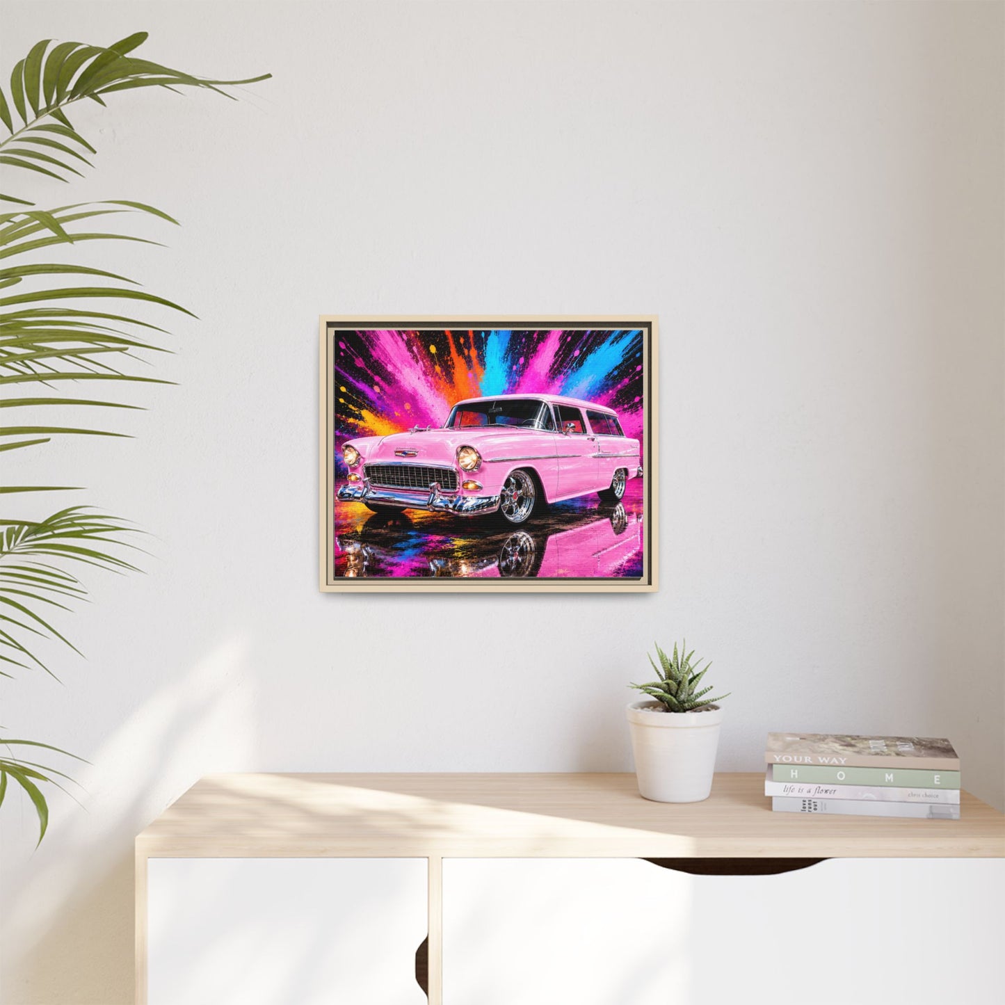 Pink Classic Station Wagon Canvas Print — Retro Car Wall Art, Framed Matte Multi‑Color Splash