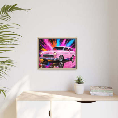 Pink Classic Station Wagon Canvas Print — Retro Car Wall Art, Framed Matte Multi‑Color Splash