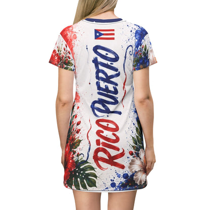 Puerto Rico Flag T-Shirt Dress — Boricua Floral All‑Over Print