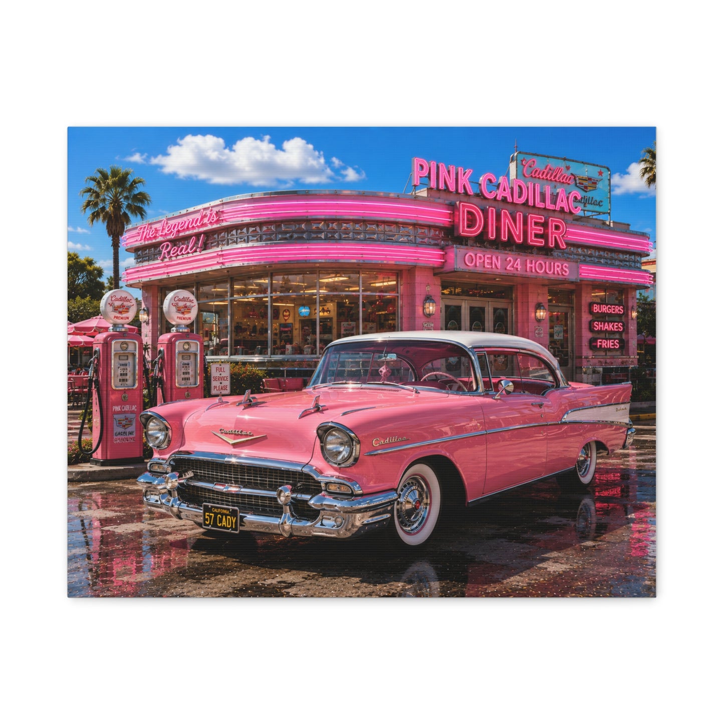 Pink Cadillac Diner Canvas Wall Art — Retro 1950s Car Poster