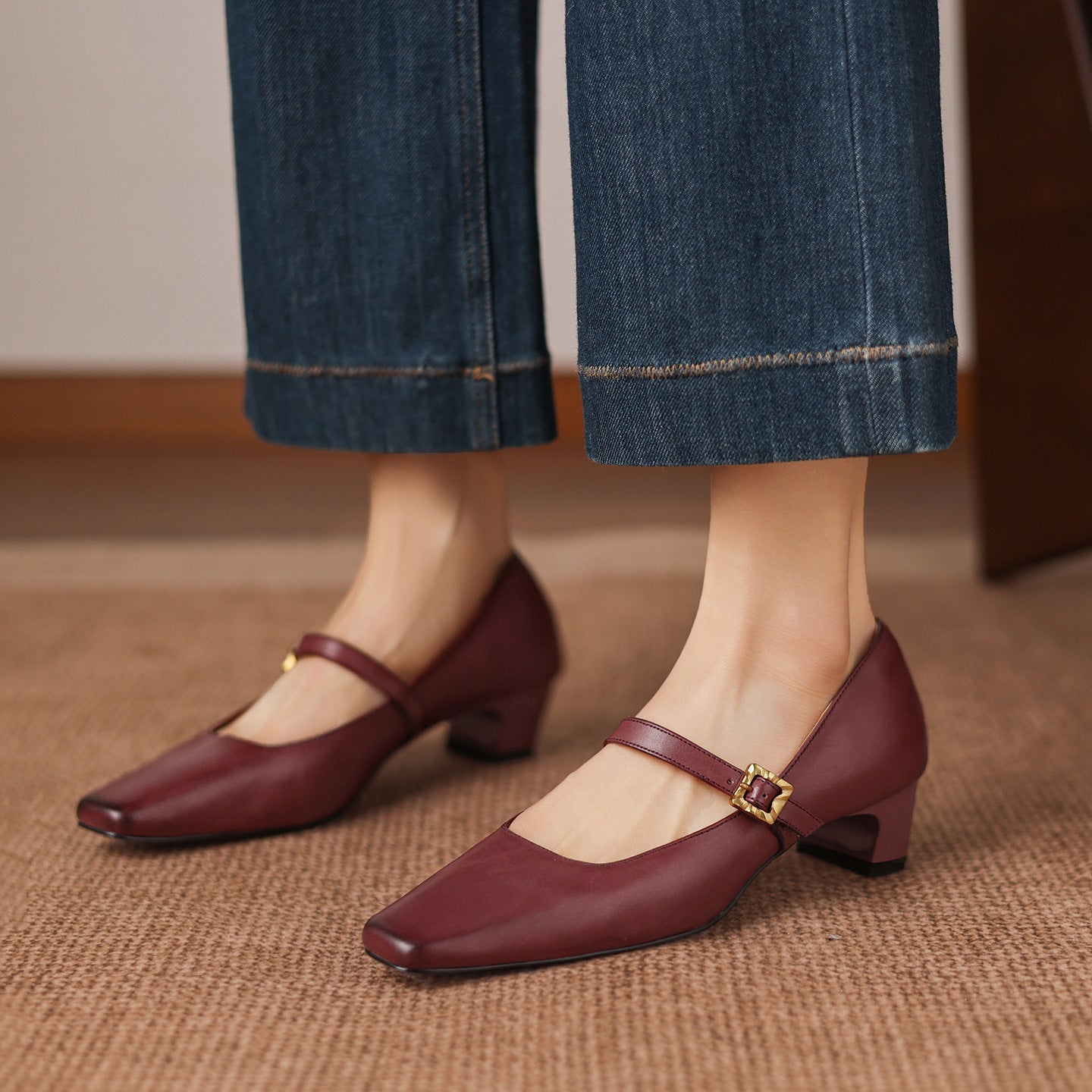 Mid-Heel Pumps - Full-Grain Leather Women's Classic Slip-On Court Shoes