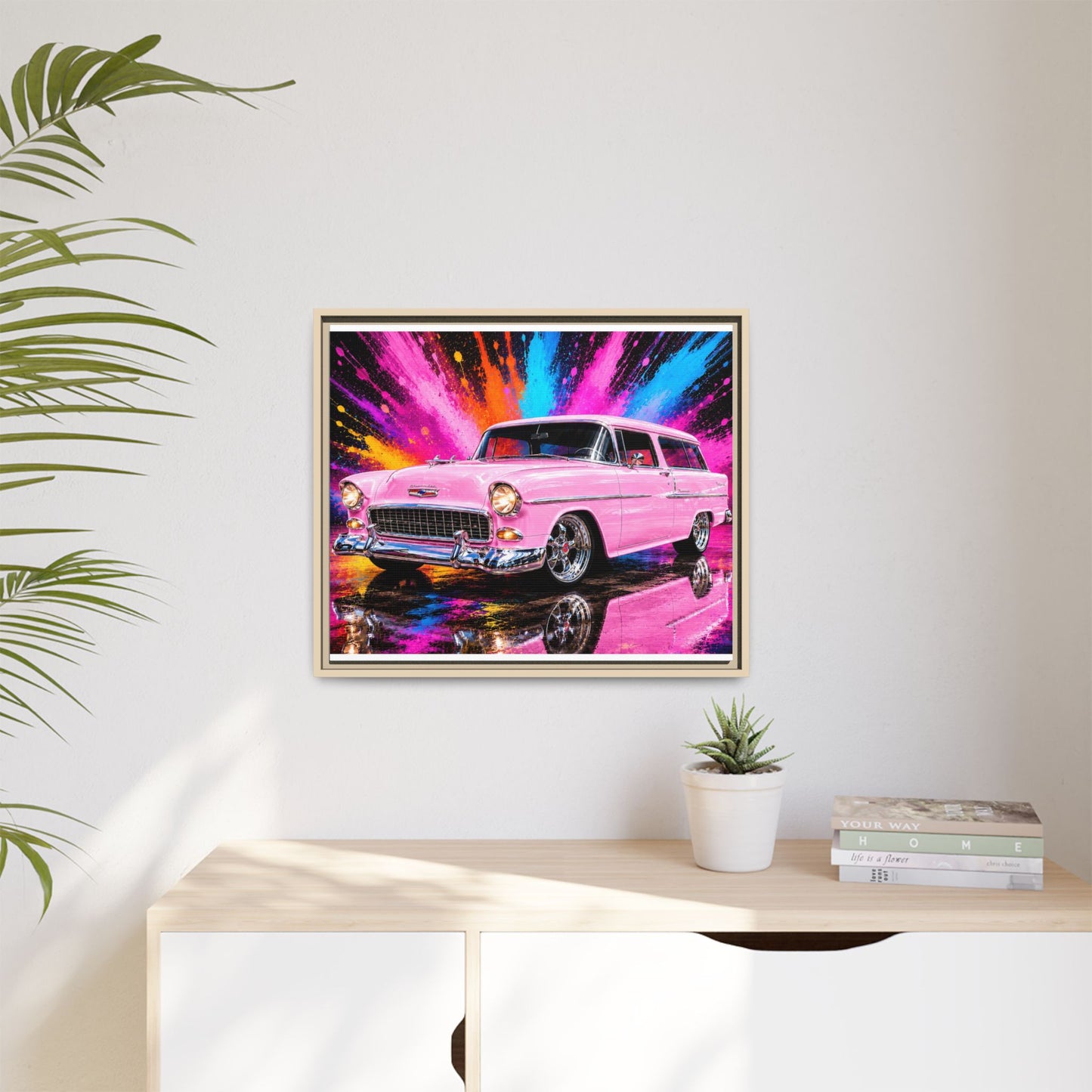 Pink Classic Station Wagon Canvas Print — Retro Car Wall Art, Framed Matte Multi‑Color Splash