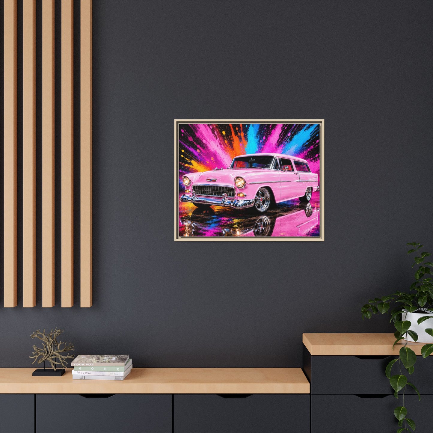 Pink Classic Station Wagon Canvas Print — Retro Car Wall Art, Framed Matte Multi‑Color Splash