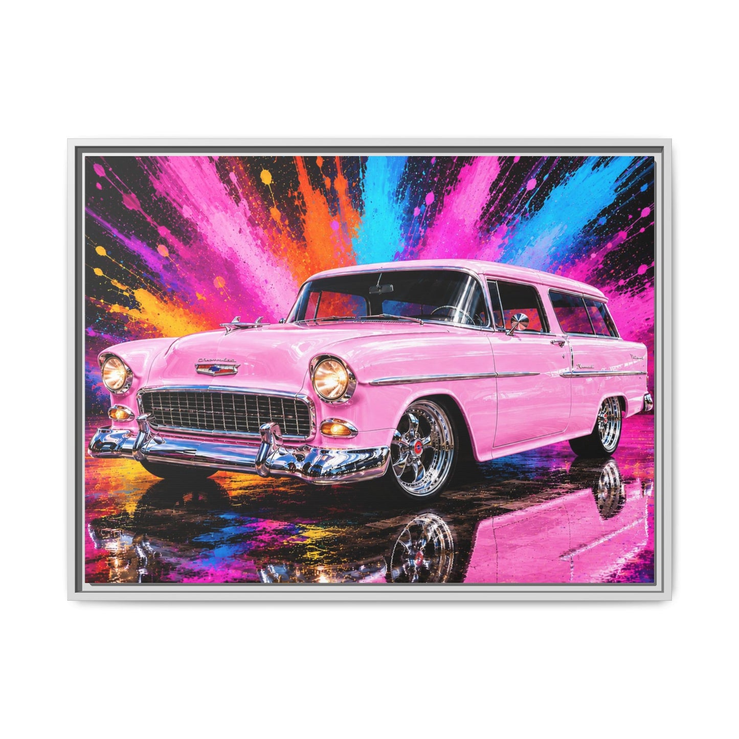 Pink Classic Station Wagon Canvas Print — Retro Car Wall Art, Framed Matte Multi‑Color Splash