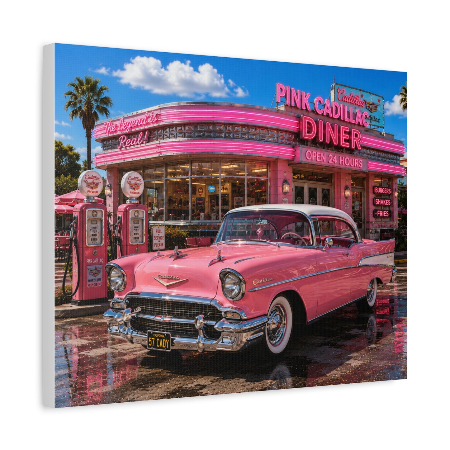 Pink Cadillac Diner Canvas Wall Art — Retro 1950s Car Poster