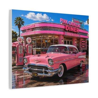 Pink Cadillac Diner Canvas Wall Art — Retro 1950s Car Poster