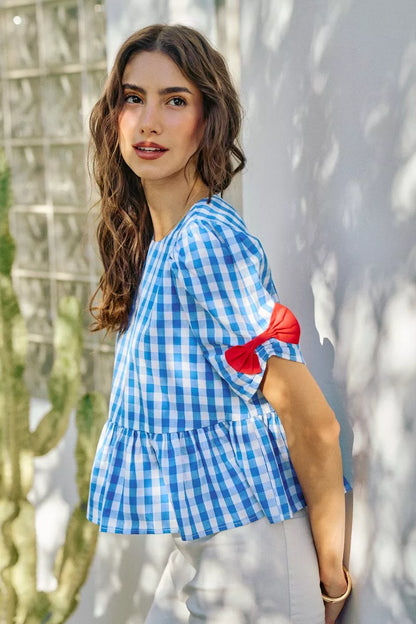SO ME 4th Of July Gingham Ribbon Detail Short Sleeves Blouse