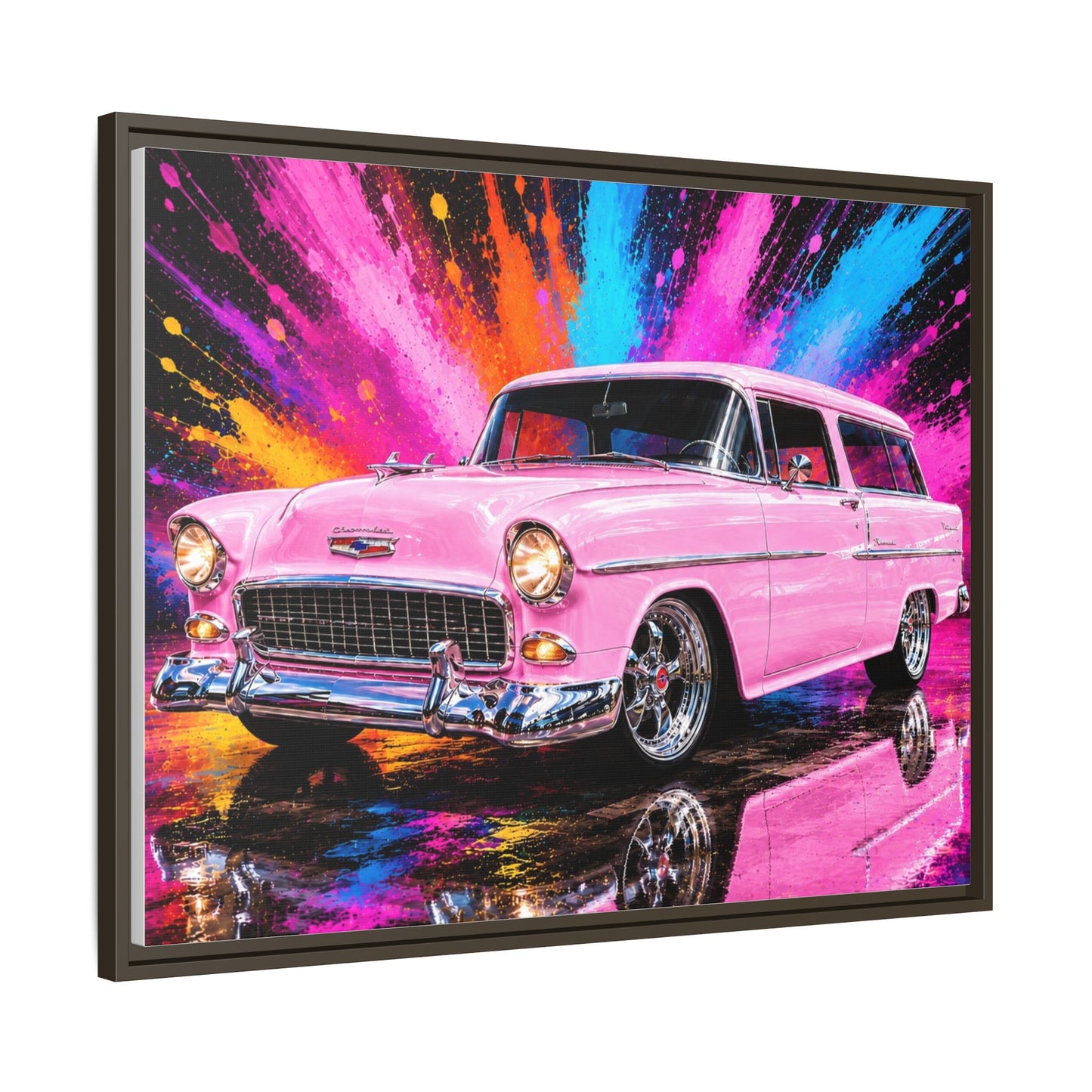 Pink Classic Station Wagon Canvas Print — Retro Car Wall Art, Framed Matte Multi‑Color Splash