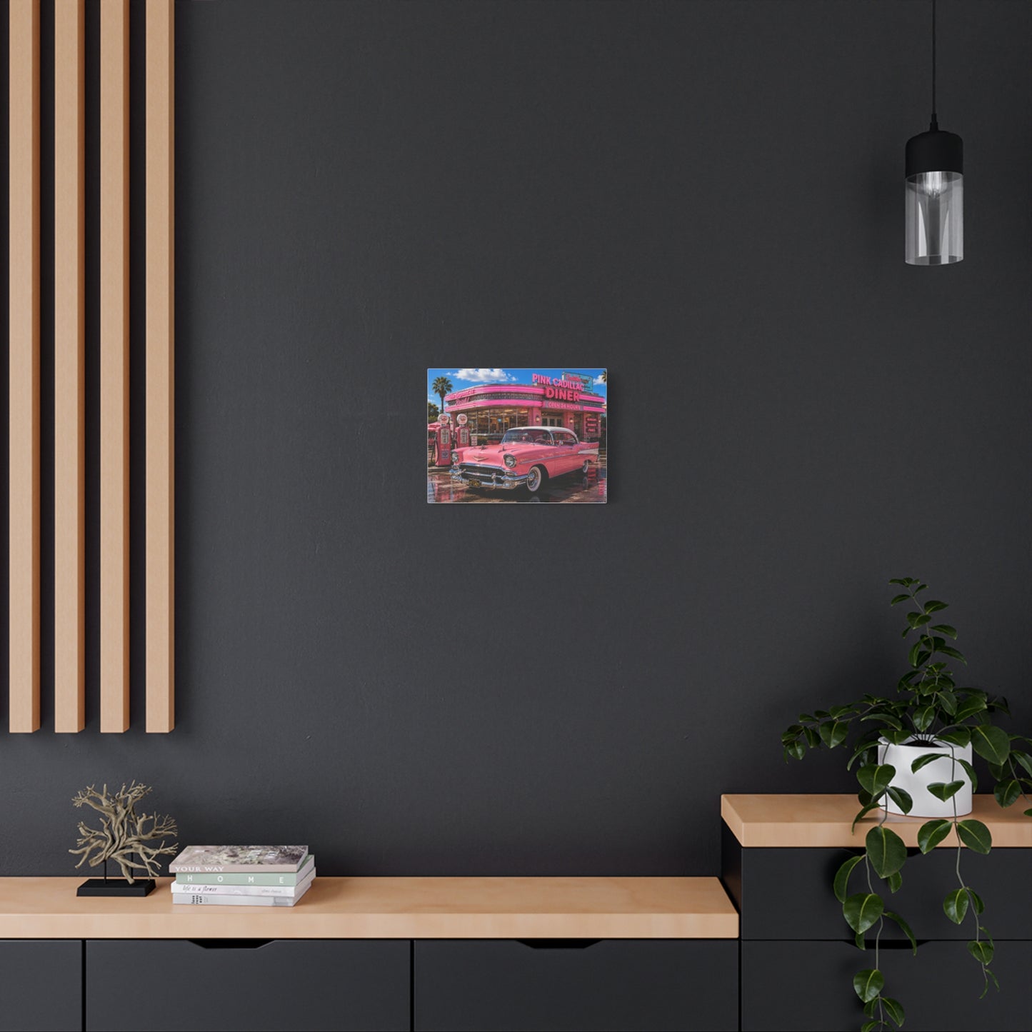 Pink Cadillac Diner Canvas Wall Art — Retro 1950s Car Poster