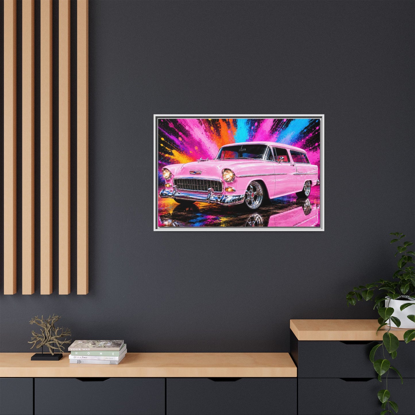 Pink Classic Station Wagon Canvas Print — Retro Car Wall Art, Framed Matte Multi‑Color Splash