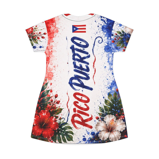 Puerto Rico Flag T-Shirt Dress — Boricua Floral All‑Over Print