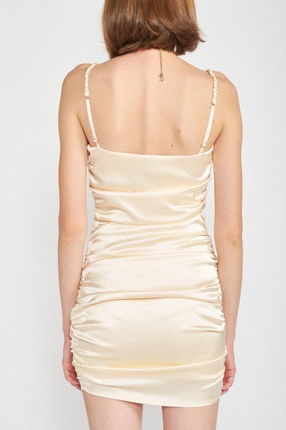 RUCHED SATIN SPAGHETTI STRAP MINI DRESS See size chart under “more details”