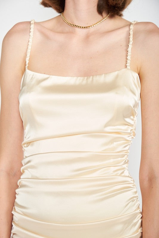 RUCHED SATIN SPAGHETTI STRAP MINI DRESS See size chart under “more details”