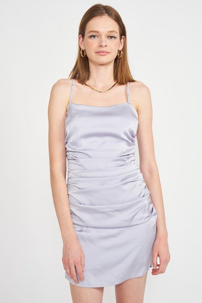 RUCHED SATIN SPAGHETTI STRAP MINI DRESS See size chart under “more details”