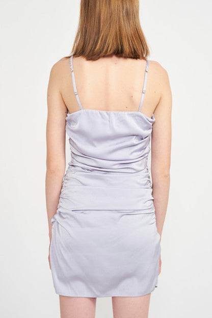 RUCHED SATIN SPAGHETTI STRAP MINI DRESS See size chart under “more details”