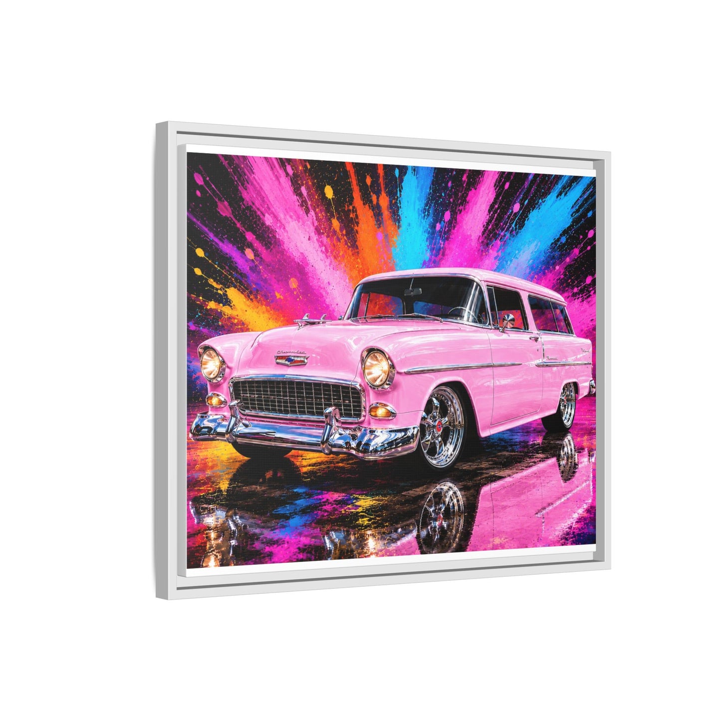 Pink Classic Station Wagon Canvas Print — Retro Car Wall Art, Framed Matte Multi‑Color Splash
