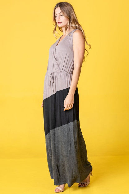 Color Block Surplice Elastic Waist Band Maxi Dress See size chart under “more details”