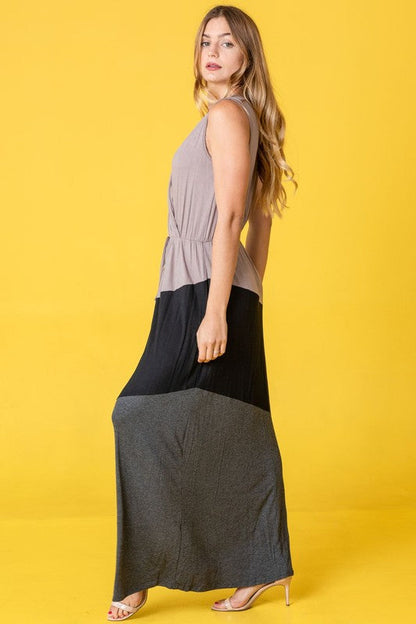 Color Block Surplice Elastic Waist Band Maxi Dress See size chart under “more details”
