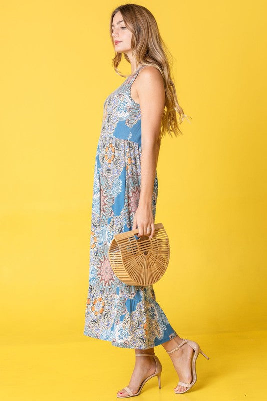 Sleeveless Print Ruffled Hem Tea-Length Dress See size chart under “more details”