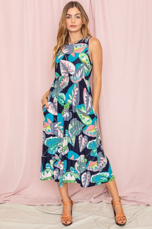 Sleeveless Print Ruffled Hem Tea-Length Dress See size chart under “more details”