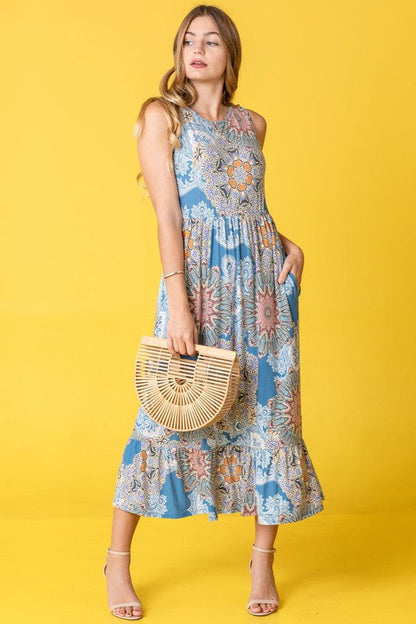 Sleeveless Print Ruffled Hem Tea-Length Dress See size chart under “more details”