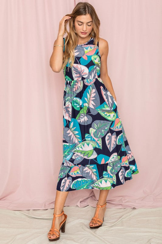 Sleeveless Print Ruffled Hem Tea-Length Dress See size chart under “more details”