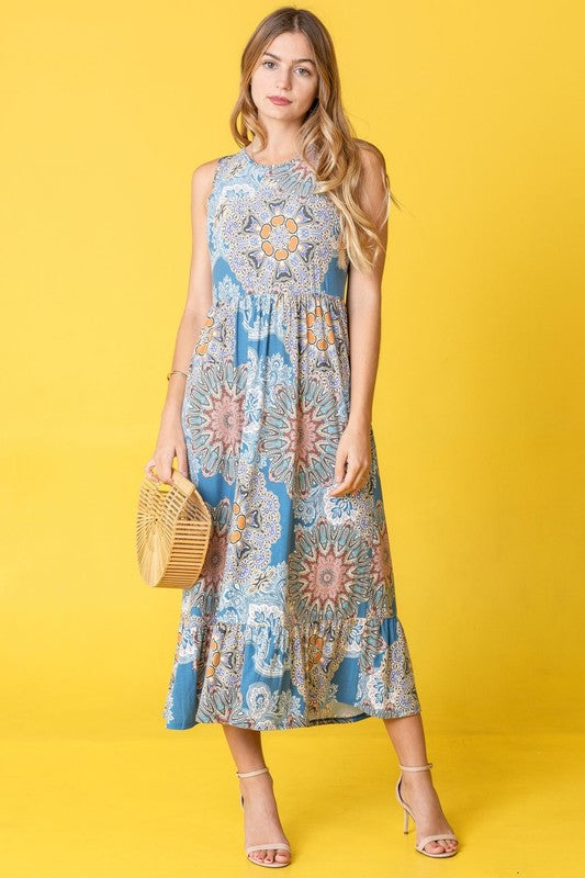 Sleeveless Print Ruffled Hem Tea-Length Dress See size chart under “more details”