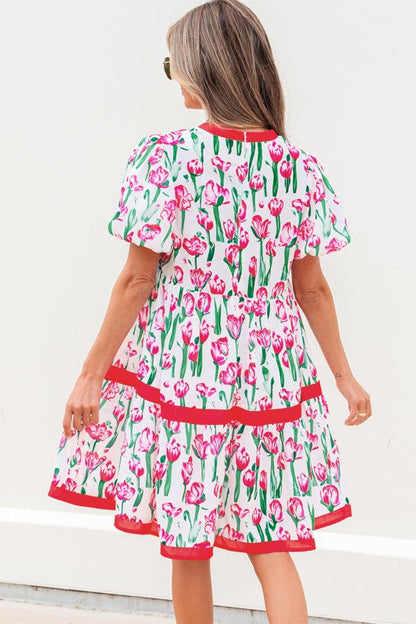Floral Contrast Trim V-Neck Babydoll Dress