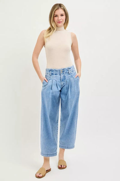 RISEN Slouchy Crop Barrel Pleated Jeans