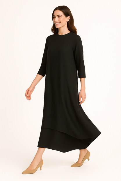 Modest Maxi Dress - Three Quarter Sleeve Soft Cotton Crinkle Fabric Double Layer Design