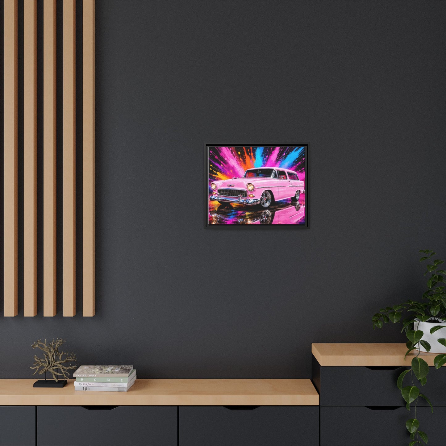 Pink Classic Station Wagon Canvas Print — Retro Car Wall Art, Framed Matte Multi‑Color Splash