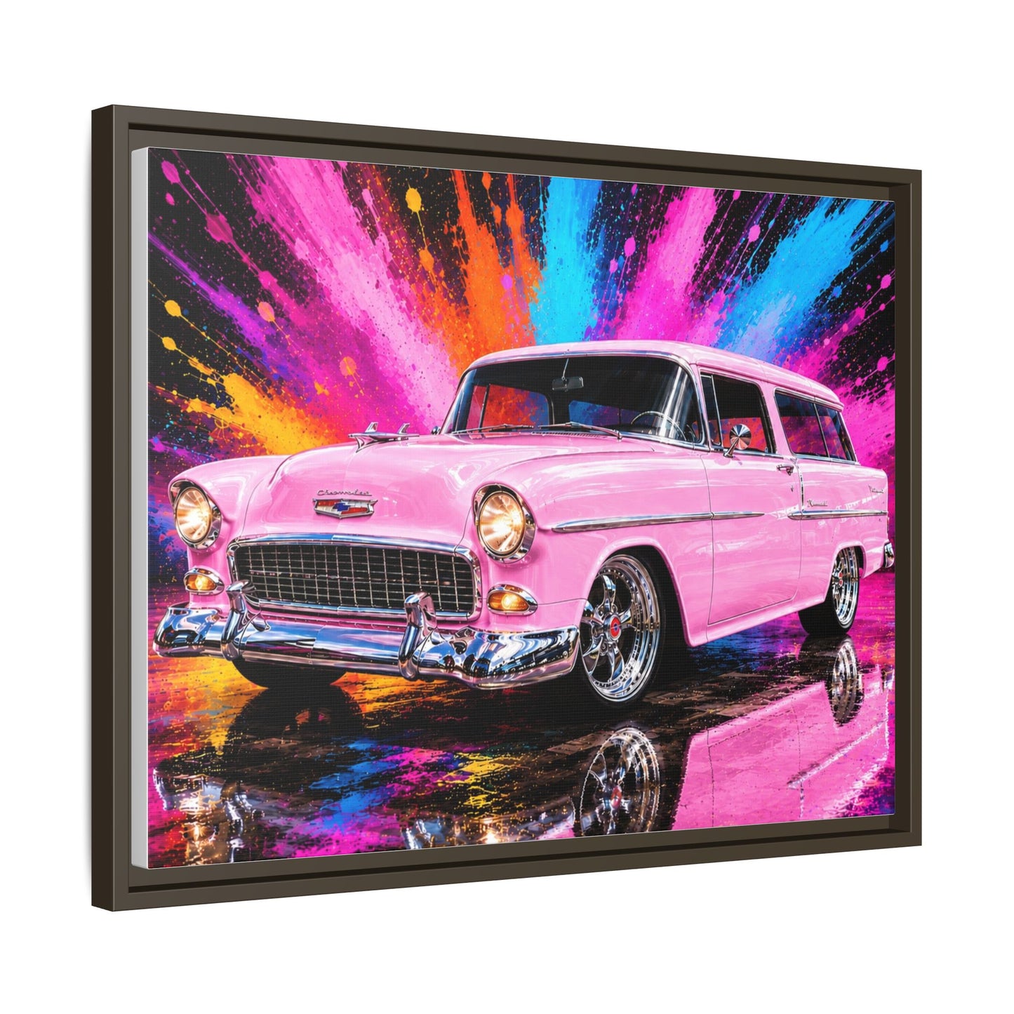 Pink Classic Station Wagon Canvas Print — Retro Car Wall Art, Framed Matte Multi‑Color Splash